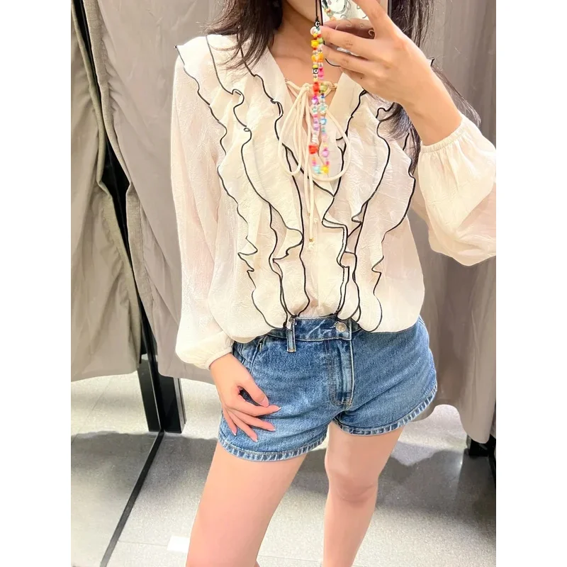 

Women's Retro V-Neck Skirt Suit with Ruffled See-Through Shirt And Draped Belt Beach Vacation Fashion Summer Outfit