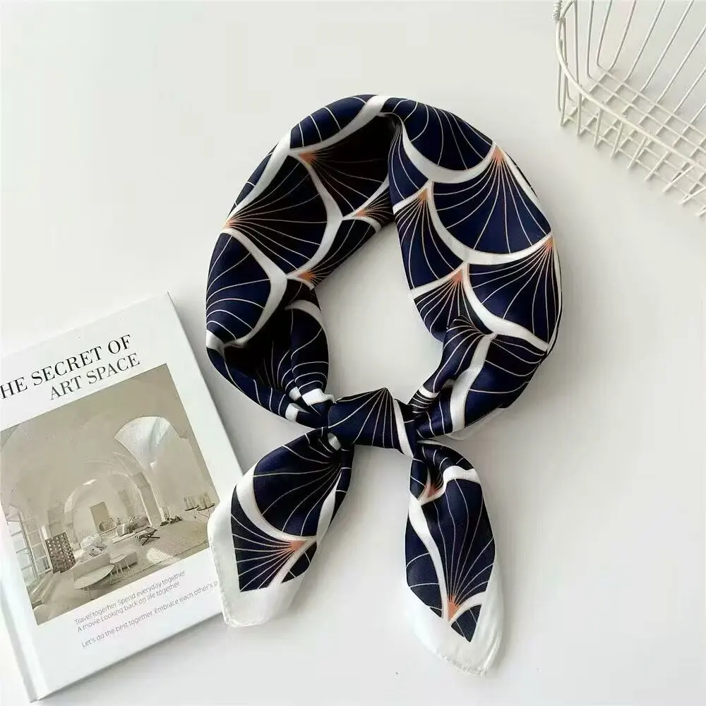 green fan-shaped silk scarf for women, lightweight square neckerchief, versatile spring/summer scarf for shirt collar decoration