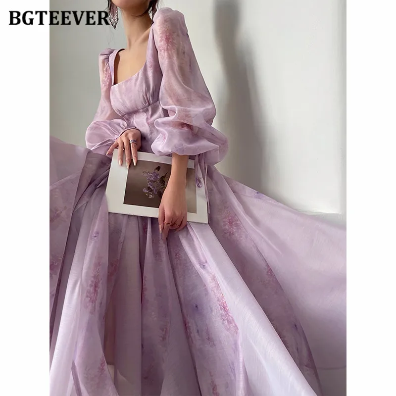 

BGTEEVER винтажное женское платье трапециевидной формы с квадратным воротником на шнуровке и цветочным принтом, летнее женское платье трапециевидной формы с длинным рукавом и тонкой талией