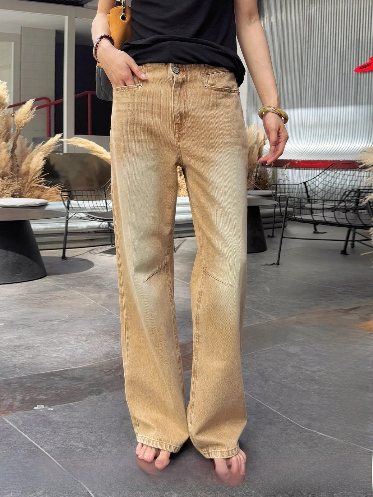 

Brand Sand-Colored Denim Long Pants Casual Sle l Waist Cotton Fabric Ladies Straight Leg Jeans by e If