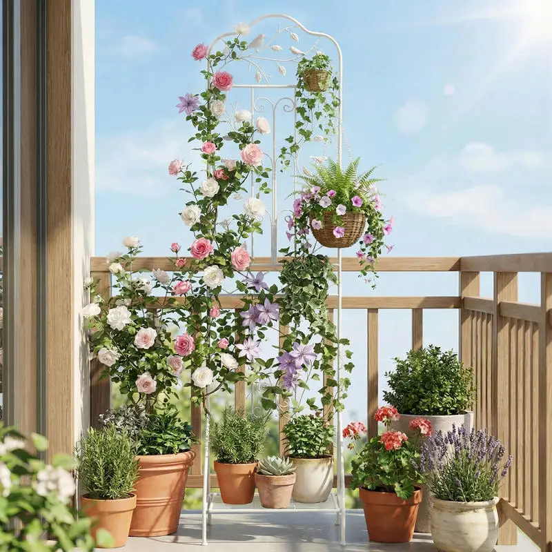 Garden Trellis for Plants, Freestanding Metal Trellis for Roses with Folding Shelf, Anti-Tip Device & Stakes, White