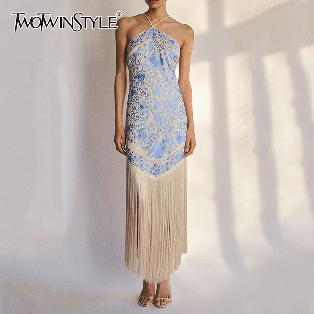 TWOTWINSTYLE Abiti con stampa floreale retrò francese per le donne Abito longuette con scollo all'americana senza maniche a vita alta con nappa impiombata