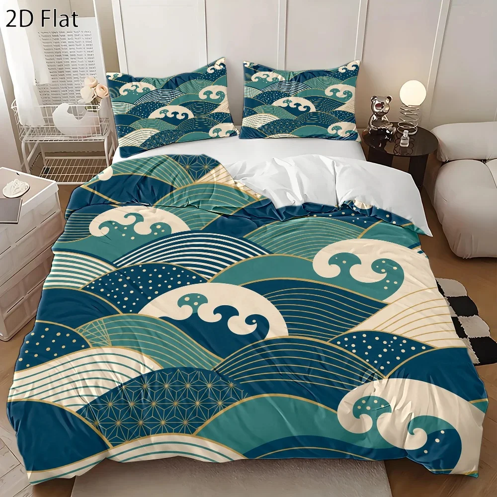 3-Piece Japanese-Style Wave Pattern Duvet Cover Set, Three-Piece Bedding Set (1 Duvet Cover + 2 Pillowcases), Suitable for All Seasons, Machine Washable, Invisible Zipper Design, Large Double Bed Cover, Suitable for Home, Dormitory, Master Bedroom, Guest Room, Trendy Japanese-Style Print, Soft and Skin-Friendly Bedding Set, Light Luxury Gold Stamping Technology, Breathable and Comfortable Bedding Set, Bedroom Bedding, Easy-Care and Durable Duvet Cover and Pillowcase Set