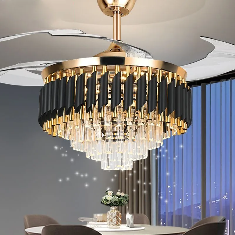 Light Luxury Crystal Ceiling Light American Foyer Restaurant Invisible LED Ceiling Fan Lamps Electric Fan Silent Bedroom Kitchen