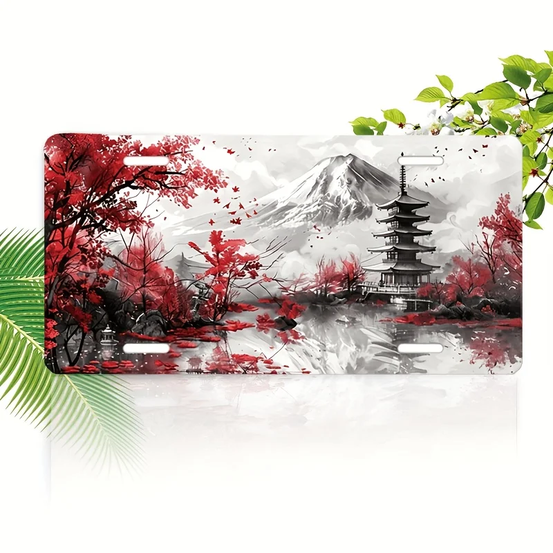 2D Flat Japanese Landscape License Plate Frame for Decoration Solely, 1 Pack, 15.24X30.48 Cm, with Mounting Holes, Decorative Ar