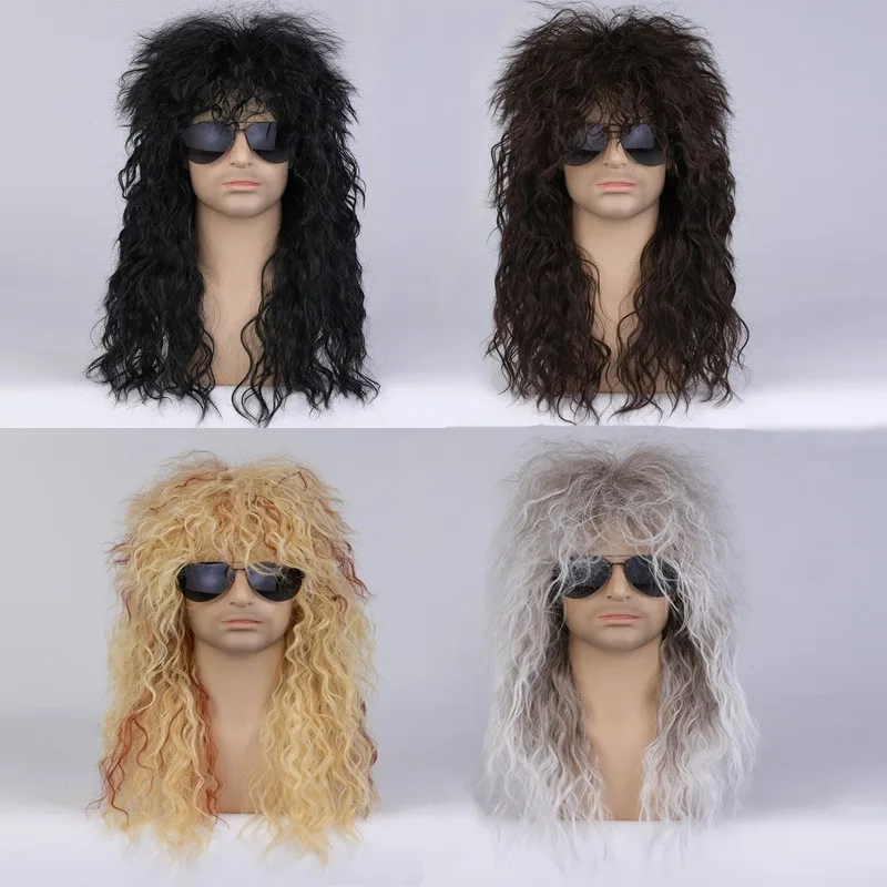 Men Mullet Wig Long Curly Hair Wig Kiss Wig Perfect for Halloween Cosplay DIY Themed Costume Party 80s Rocker Synthetic Wigs