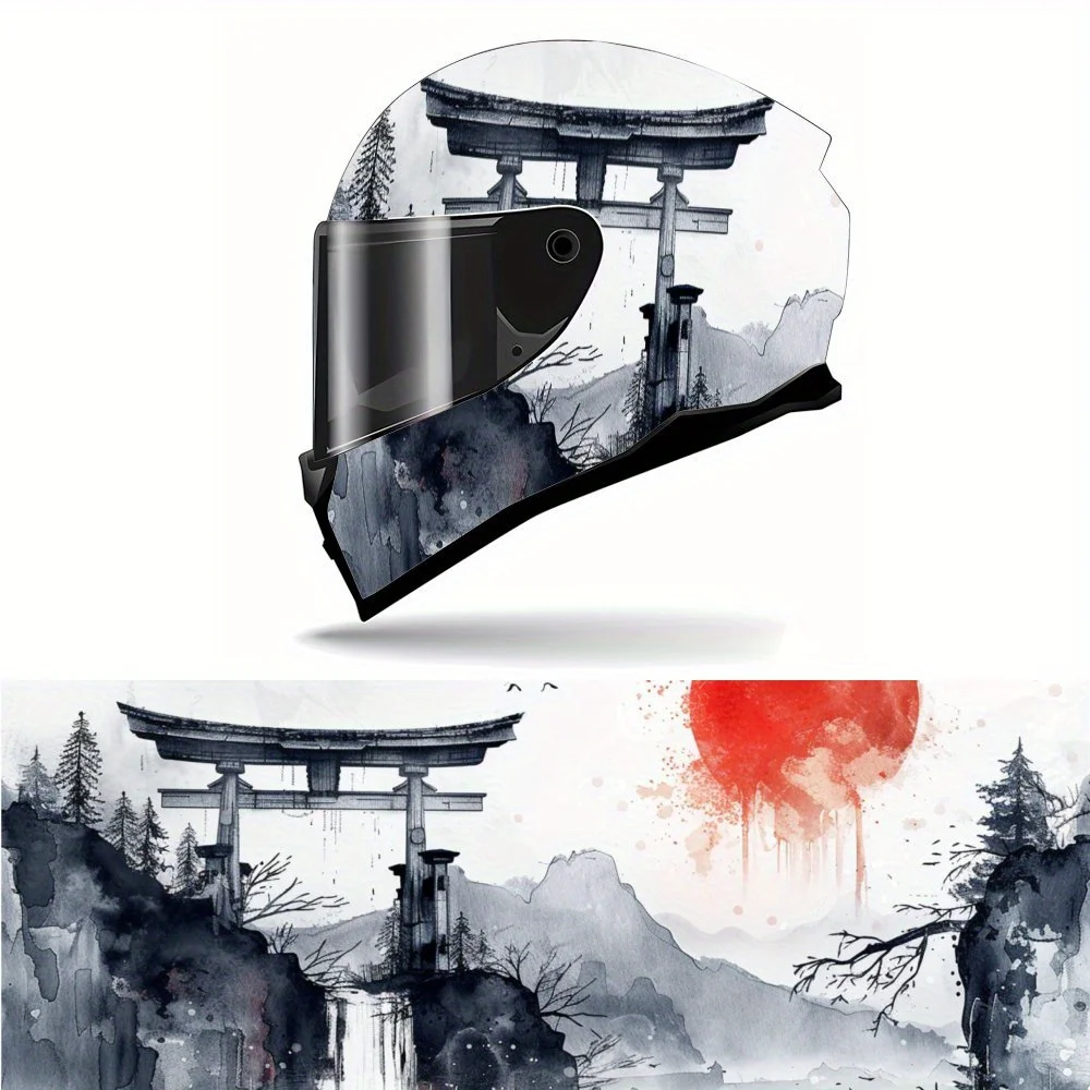

Japanese Shrine Waterfall Red Sun PVC Motorcycle Helmet Vinyl Wrap, Self-Adhesive Waterproof Sticker, Anti-Scratch Decorative Fi