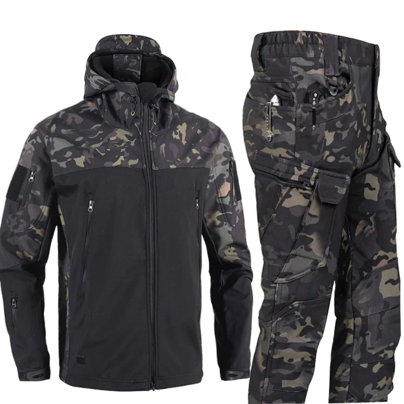 Set Jaket dan Celana Kulit Hiu Generasi Kedua Model Splicing Baru, Set Jaket Soft Shell Beludru Tahan Air