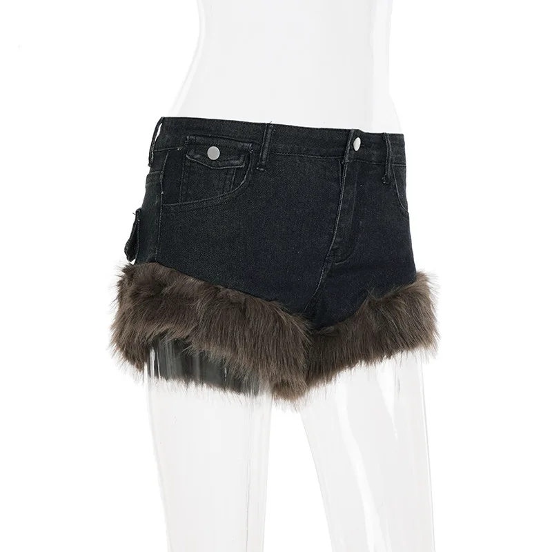 2026 New Retro Fluffy Splicing Denim Shorts Spice Girl Warm Fashion Low Waist Hip Hot Pants Women