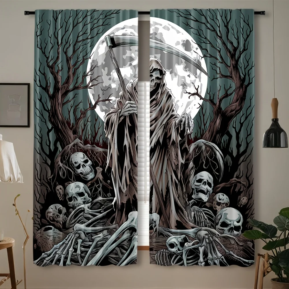 Grim Reaper Curtain, Gothic Skull Moon Window Drape, Horror Skeleton Blackout Panel, Halloween Party Haunted House Decor
