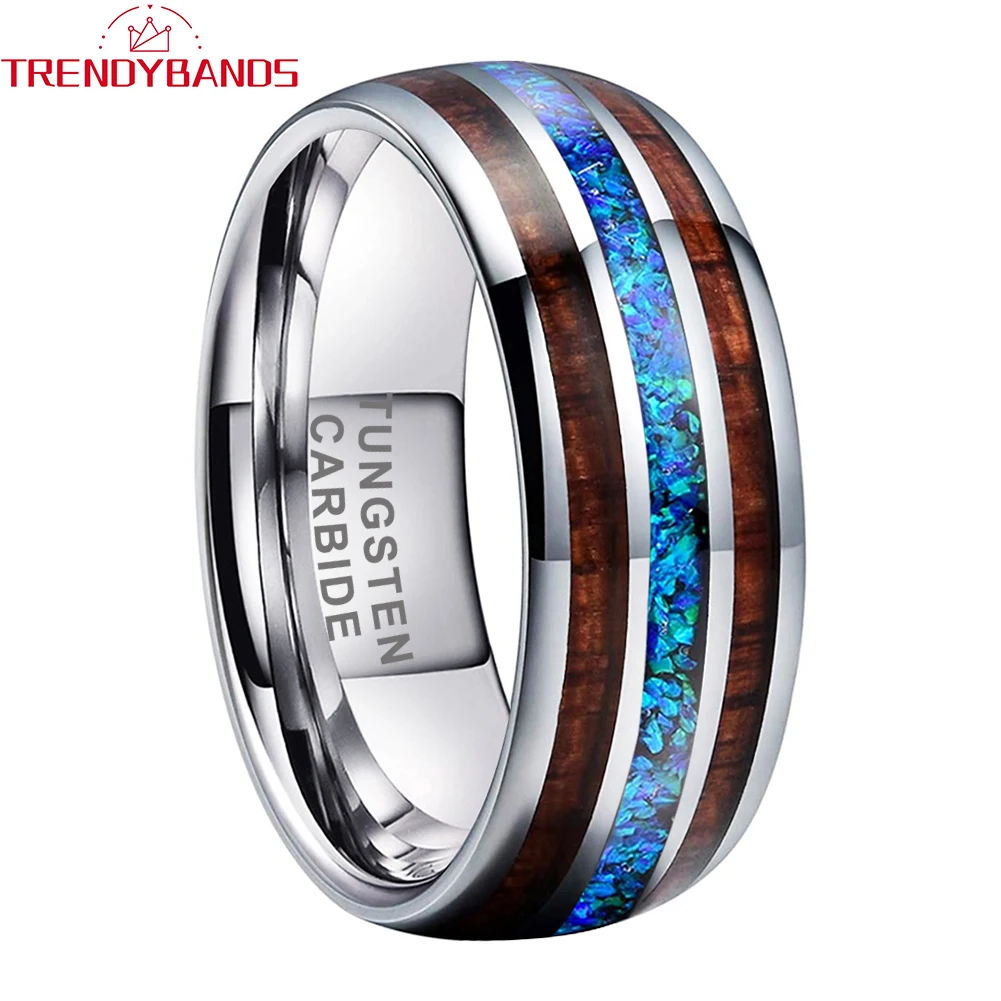 

8mm Tungsten Carbide Wedding Band Engagement Rings for Men Women Fashion Jewelry Wood Opal Inlay Domed Polished Shiny