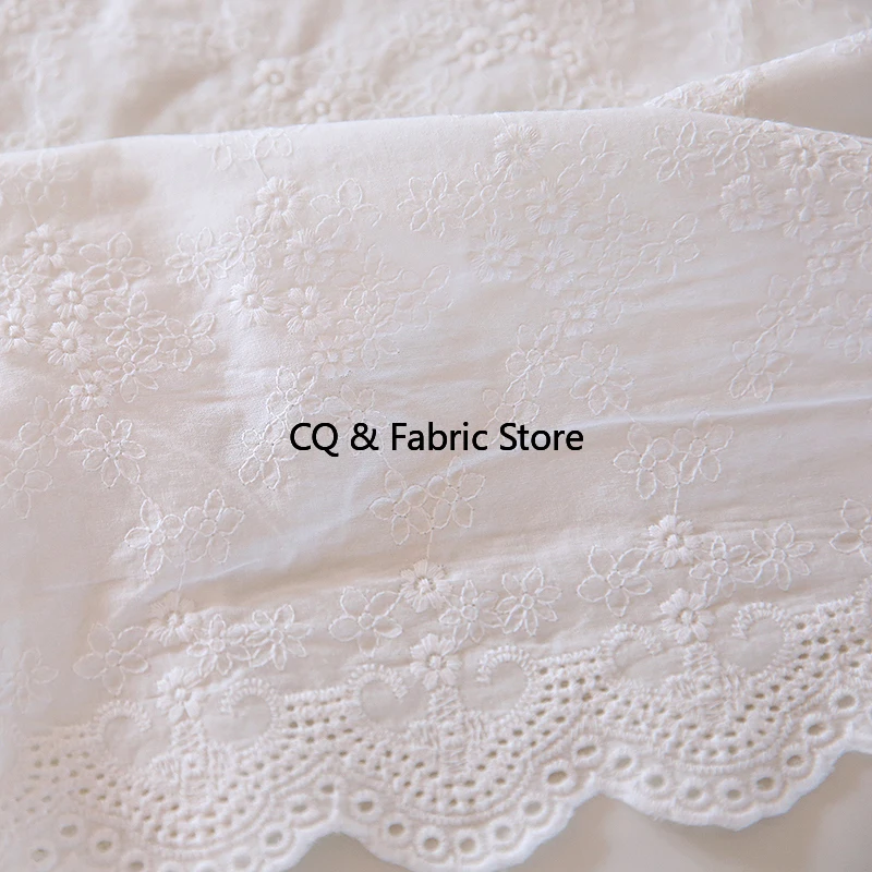 White Small Flower Embroidery Pure Cotton Cloth Handmade Clothing Fabric DIY Skirt Home Decorative Cloth