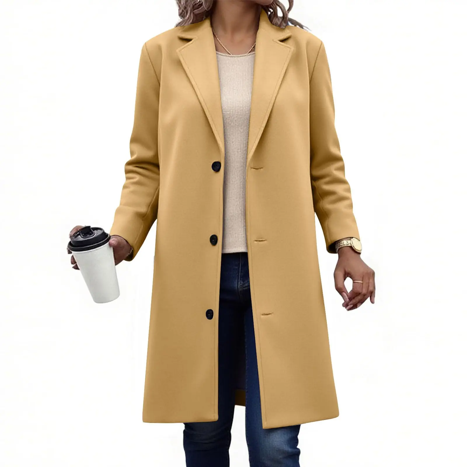 

Commuter Style Fashion Outerwear Office Lady Single Breasted Coats Women's Fall/Winter Casual Lapel Button Wool Coat Mid-Length