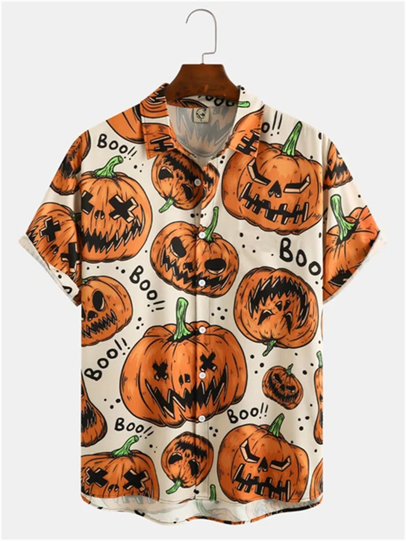 

Halloween Pumpkin Light Print Shirts Top 2025 Casual Men's Button Down Shirt Cothing Short Sleeved Lapel Button Shirts For Men