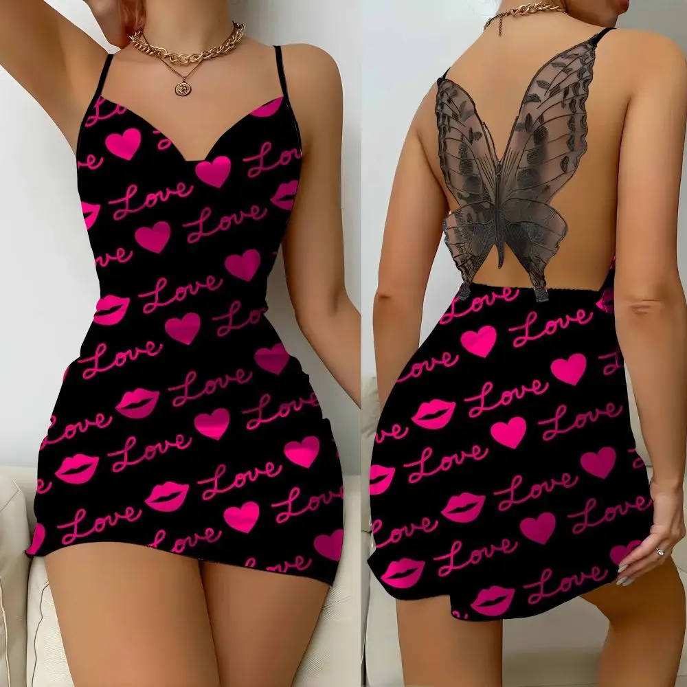 2024 3D Love Letter Print sexy Tight Mini dress Backless women's dress Silk-face Party Dress Dress Butterfly decorated lazy pyja