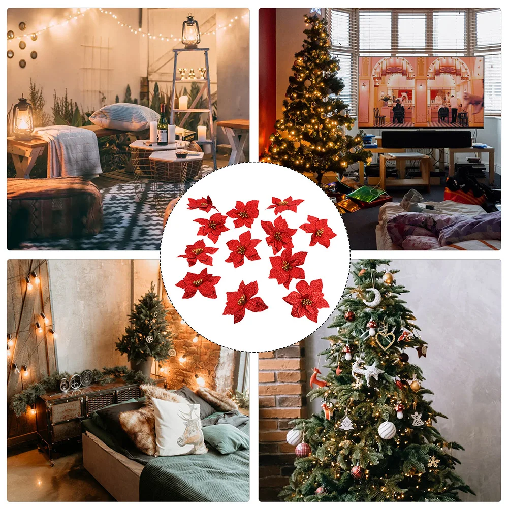 

6pcs Small Double-Layer Christmas Tree Decoration Flowers Artificial Simulated Flower Decors Diy Glittering Bright Eco-Friendly