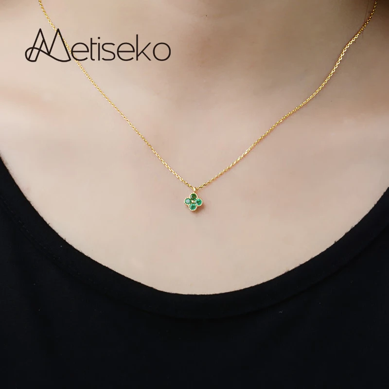 

Metiseko 925 Sterling Silver Emerald Colour Four-leaf Clover Necklace Collar De Flores French Style for Women Party Daily Wear