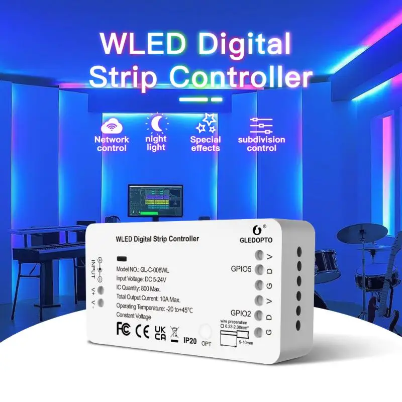 GLEDOPTO WLED Digital Light Strip Controller WIFI DC5-24V Support WS2812B WS2811 SK6812 etc 100 Dynamic Lighting Modes Can DIY