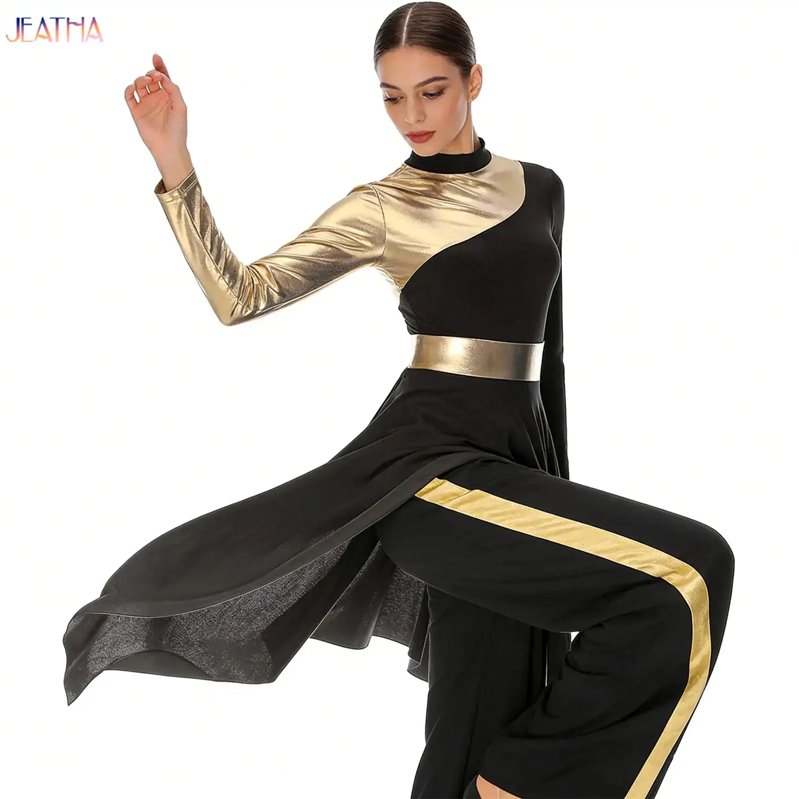 

Metallic Ballet Lyrical Praise Dance Long Dress with Wide Leg Pants for Women Liturgical Worship Church Dresses Dancewear Sets