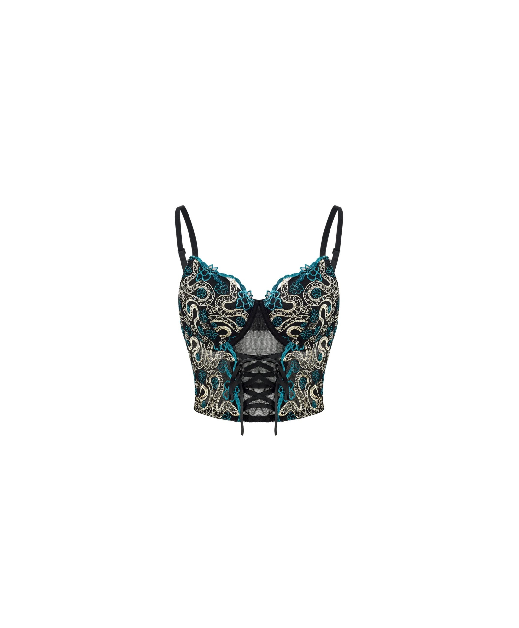 Sexy Snake Embroidery Lace Corset Top – Sheer Mesh Bustier with Back Lace-Up for Party Clubwear