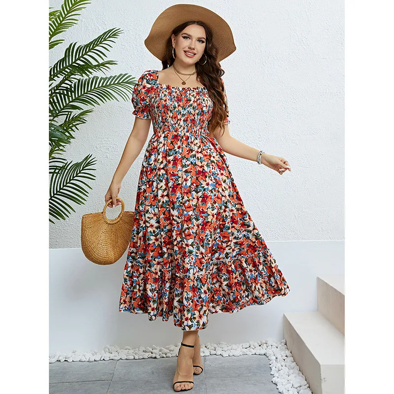 Vestidos florales hasta el tobillo para mujer, vestido acampanado con cuello oblicuo, mangas cortas, cintura cincha, Y2k, informal, para oficina, verano 2025