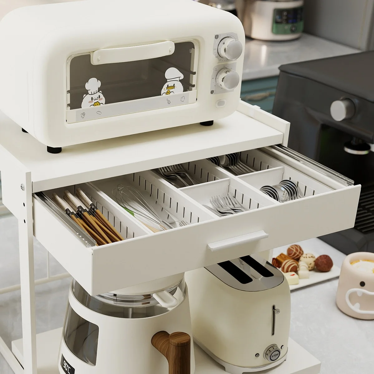 Kitchen Microwave Stand Rack with Drawer, Adjustable Height, Countertop Organizer for Toaster & Coffee Maker