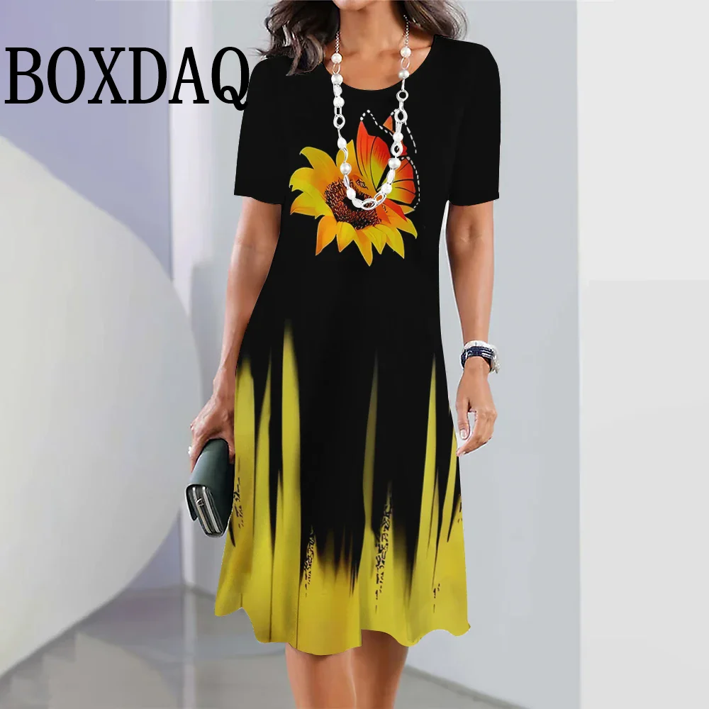 New Sunflower Print Women's Dresses Summer Fashion Female Elegant Loose A-Line Mini Dresses Casual Short Sleeve Women's Clothing