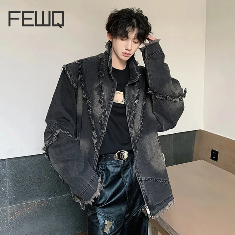 FEWQ Men's Jackets Tassel Design Deconstruct Patchwork Denim Autumn Trendy Washed Shoulder Pads Stand Collar Denim Coat 12C1459