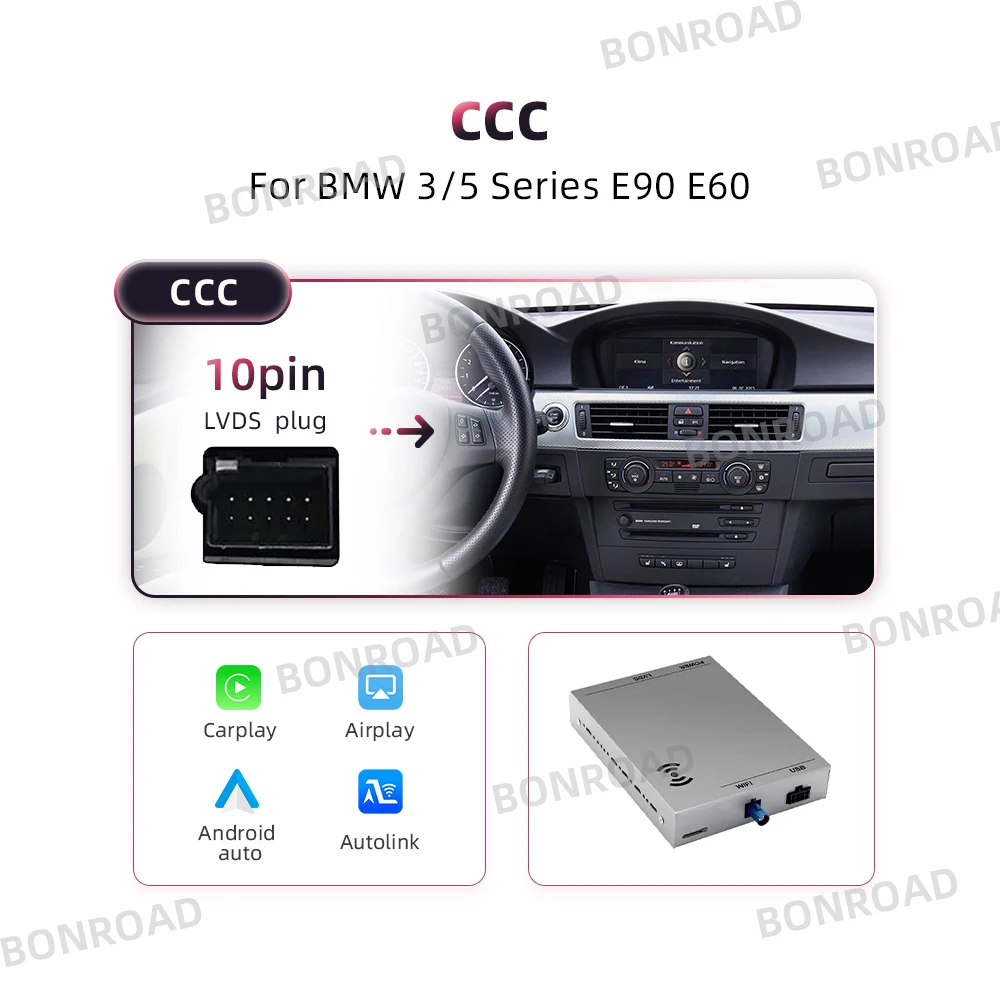 BONROAD Draadloze CarPlay Interface Module voor BMW 3-serie E90 E91 E92 E93 5-serie E60 E61 E62 E63 E64 CCC CIC Android Auto - afbeelding 1