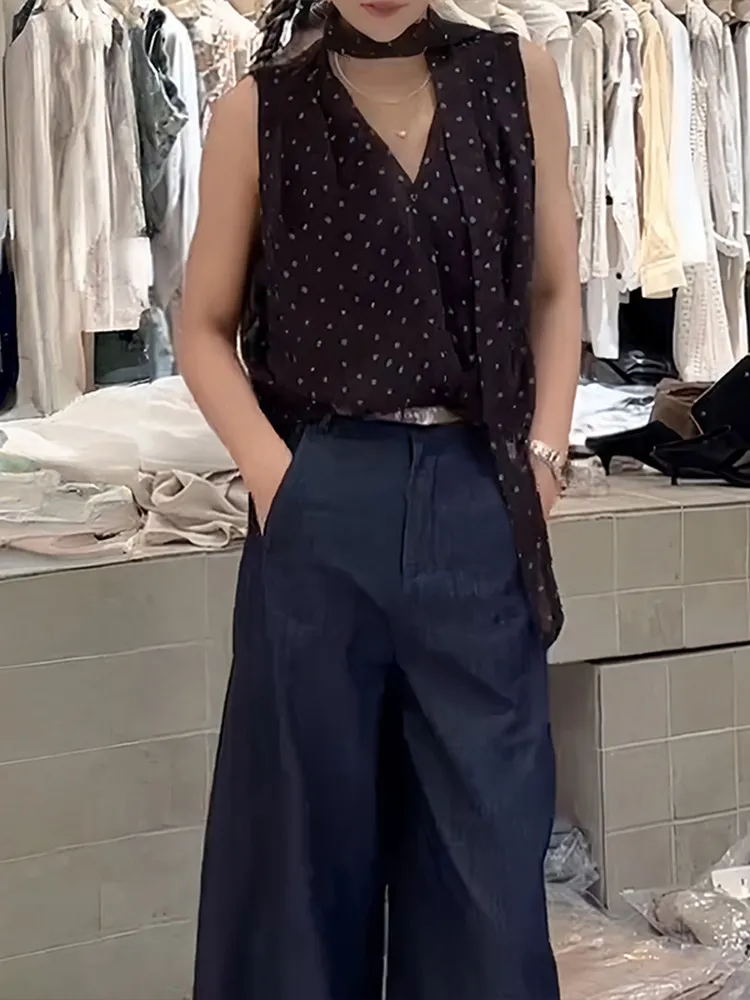 

Slimming V-Neck Polka Dot Shirt Women's Summer New Style Sleeveless Commute Versatile Top Casual Style Regular Sleeve Elasticity