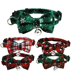 Christmas Bowknot Cat Small Dog Collar with Bell Plaid Snowflake Adjustable Breakaway Pet Puppy Kitten Safety Buckle Necklace