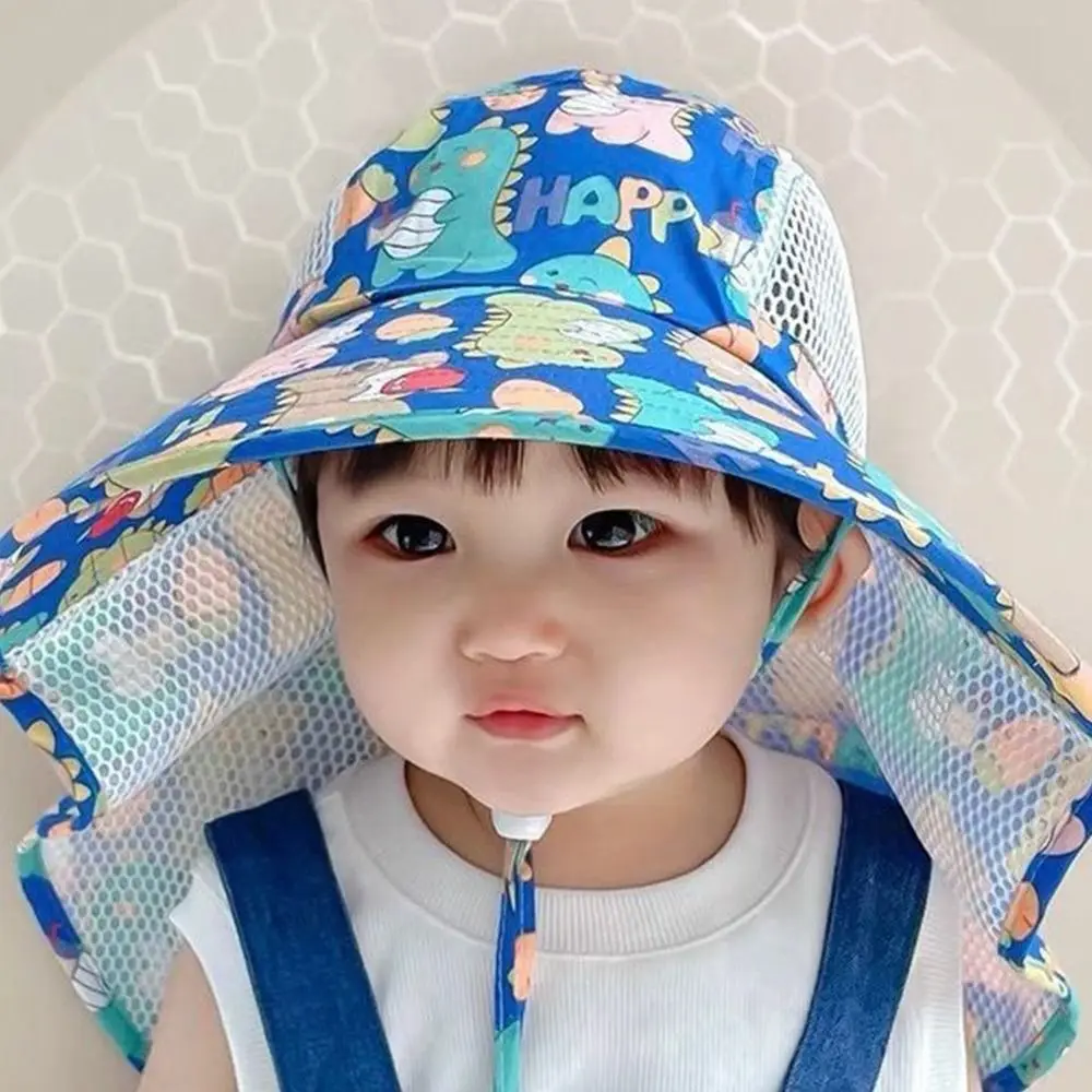 Summer Baby Sun Hat With Neck Flap Strap Wide Brim Beach Hats Kids Bucket Hat With Whistle UV Protection Panama Cap