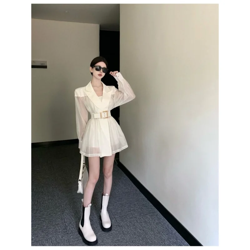 Blazers Women Korean White Breathable Mesh Coat Patchwork Loose Belt Thin Suit Jacket Female Spring Summer Long Sleeve Tops