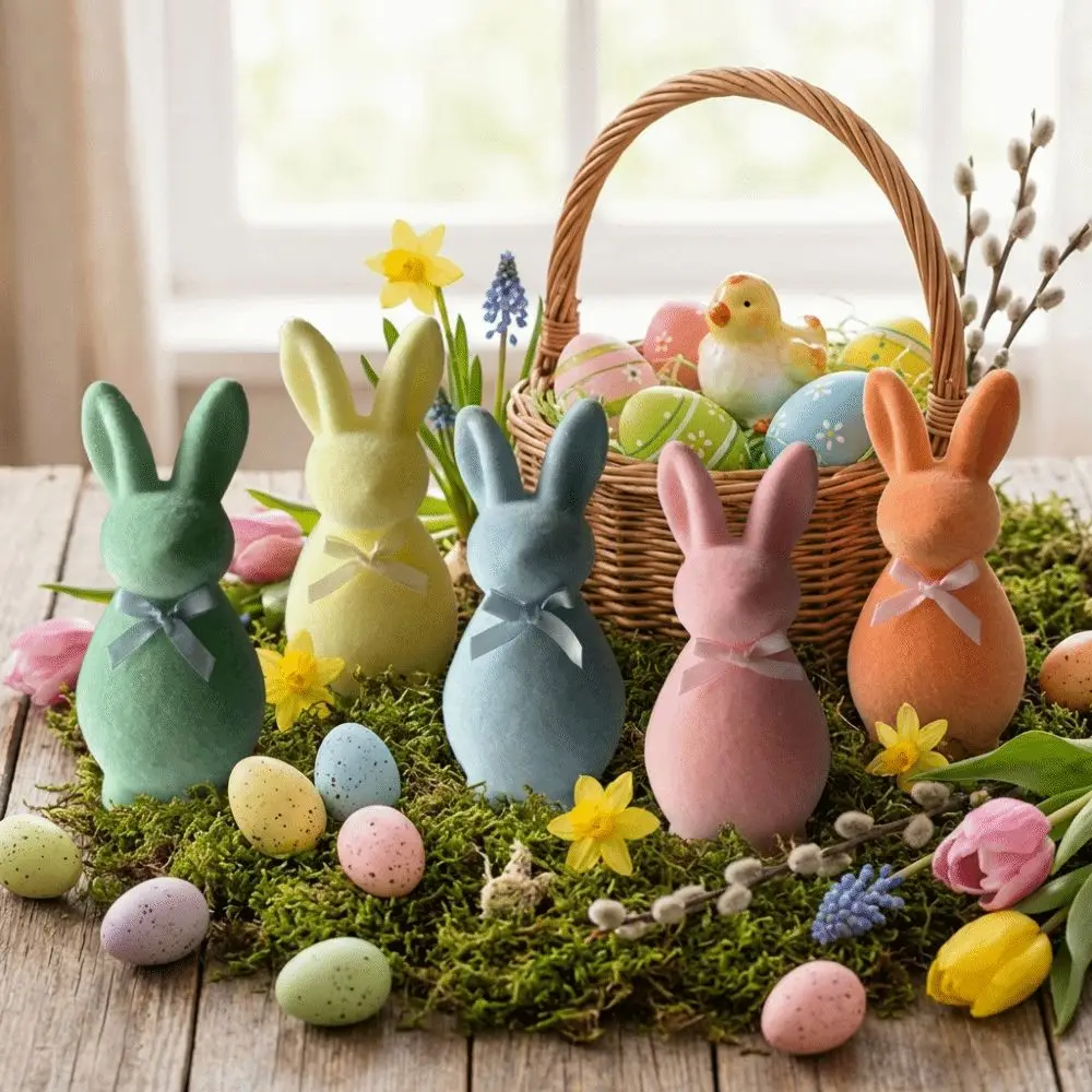 Spring Decor Foam Flocked Rabbit Figures Solid Color Easter Bunny Statue 3D Standing with Bow Bunny Sculpture Home Decor
