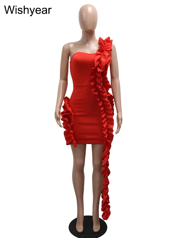 ใหม่ไหล่เดี่ยวBackless Ruffleมินิเดรสผู้หญิงฤดูร้อนเซ็กซี่Ruched Patchwork Bodycon StreetwearวันเกิดVestidos 2025