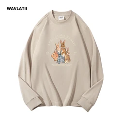 WAVLATII Women Khaki Long Sleeve T shirts Female Cartoon Rabbit Print Tees Lady Black White Warm Oversized Casual Tops WLT2408