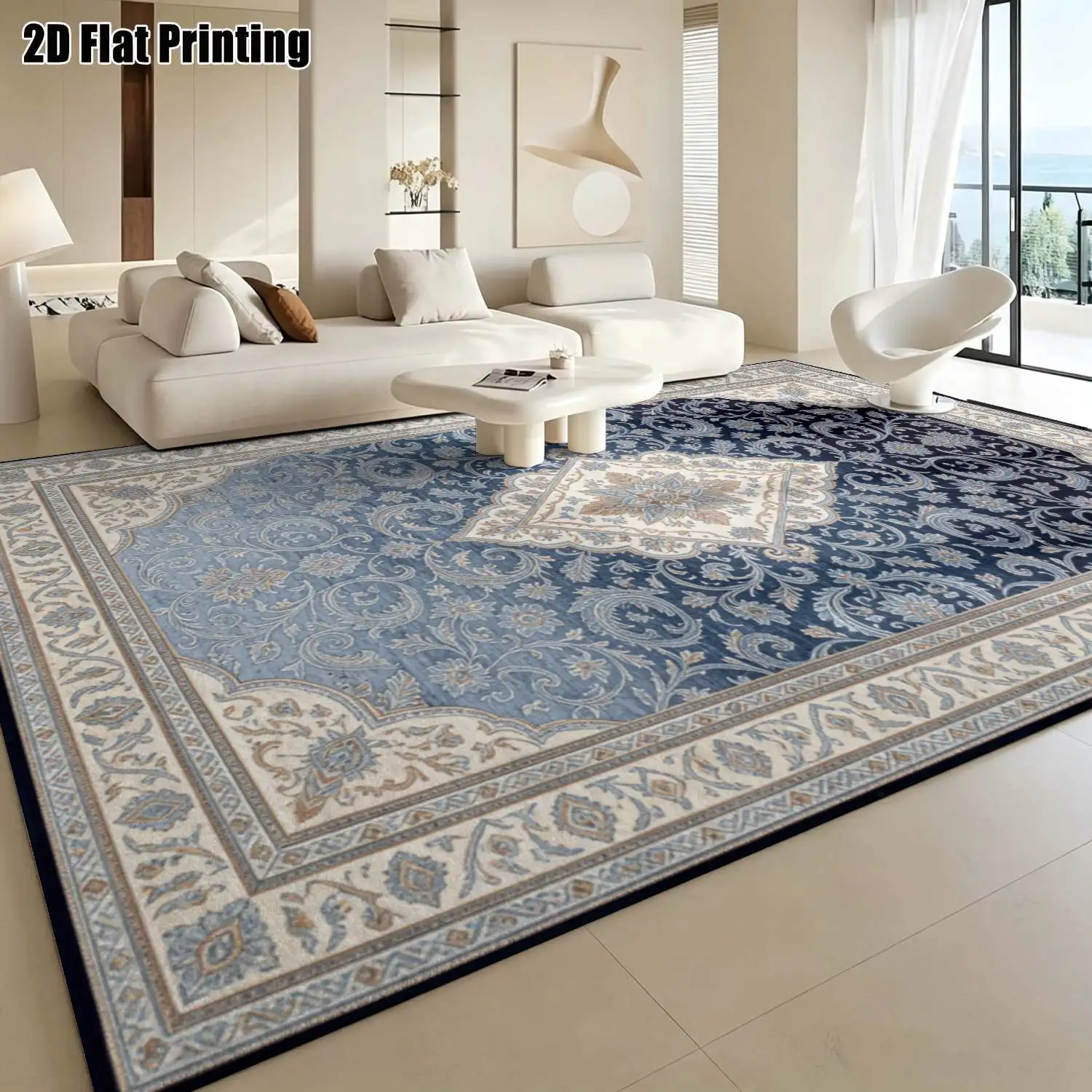 1Pc 2D Printed Carpet: Blue-Grey Scrolling Flower, European Vintage Minimalist Style, Home Decor, Multi-Size, Machine Washable, Multi-Scene Use