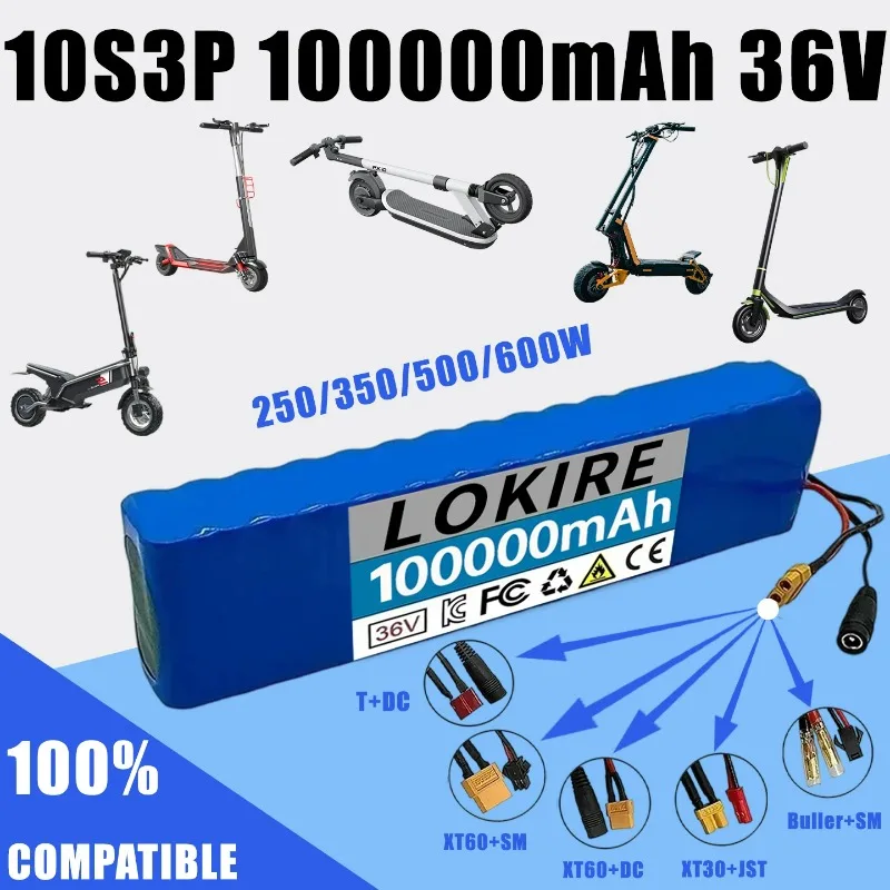 10S3P 36V 100Ah 18650 Wiederaufladbare Lithium-Batterie 1000W Modifiziertes Elektrofahrrad Elektroroller Fahrzeug mit BMS 42V2A