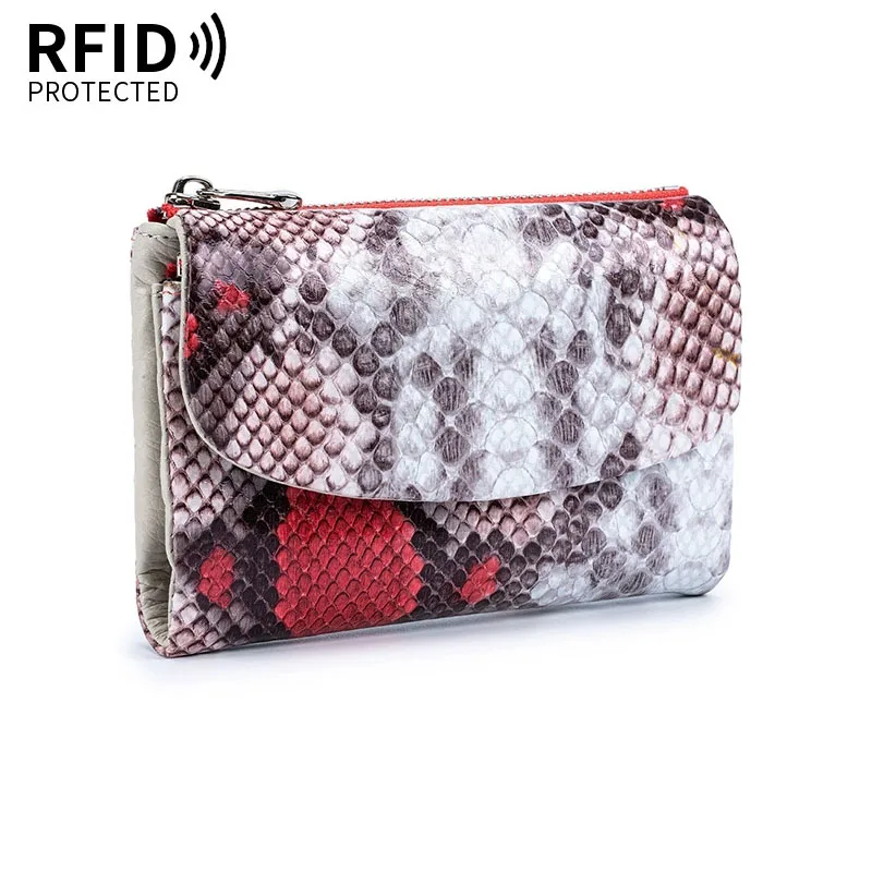RFID Short Genuine Leather Wallet Card Holder Real Cow Leather Purse Women Mini Serpentine Pattern Cowhide Clutch with Gift Box