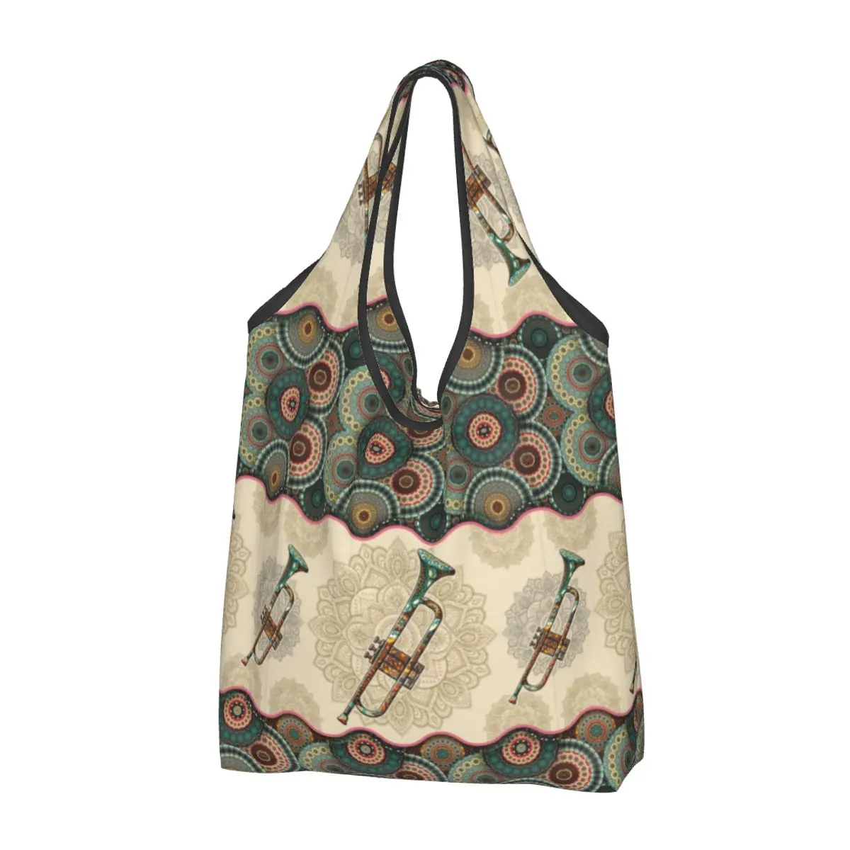 Custom Cute Printing Trumpet Vintage Mandala Shopping Tote Bags Portable Shoulder Shopper Jazz Music Musician Handbag