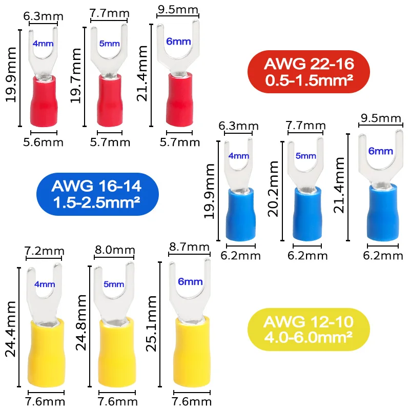 500PCS Fork Crimp Terminals Insulation Spade Lugs Quick Connection Electrical Screw Cables M4/M5/M6 Shoe Plug Wire Connectors