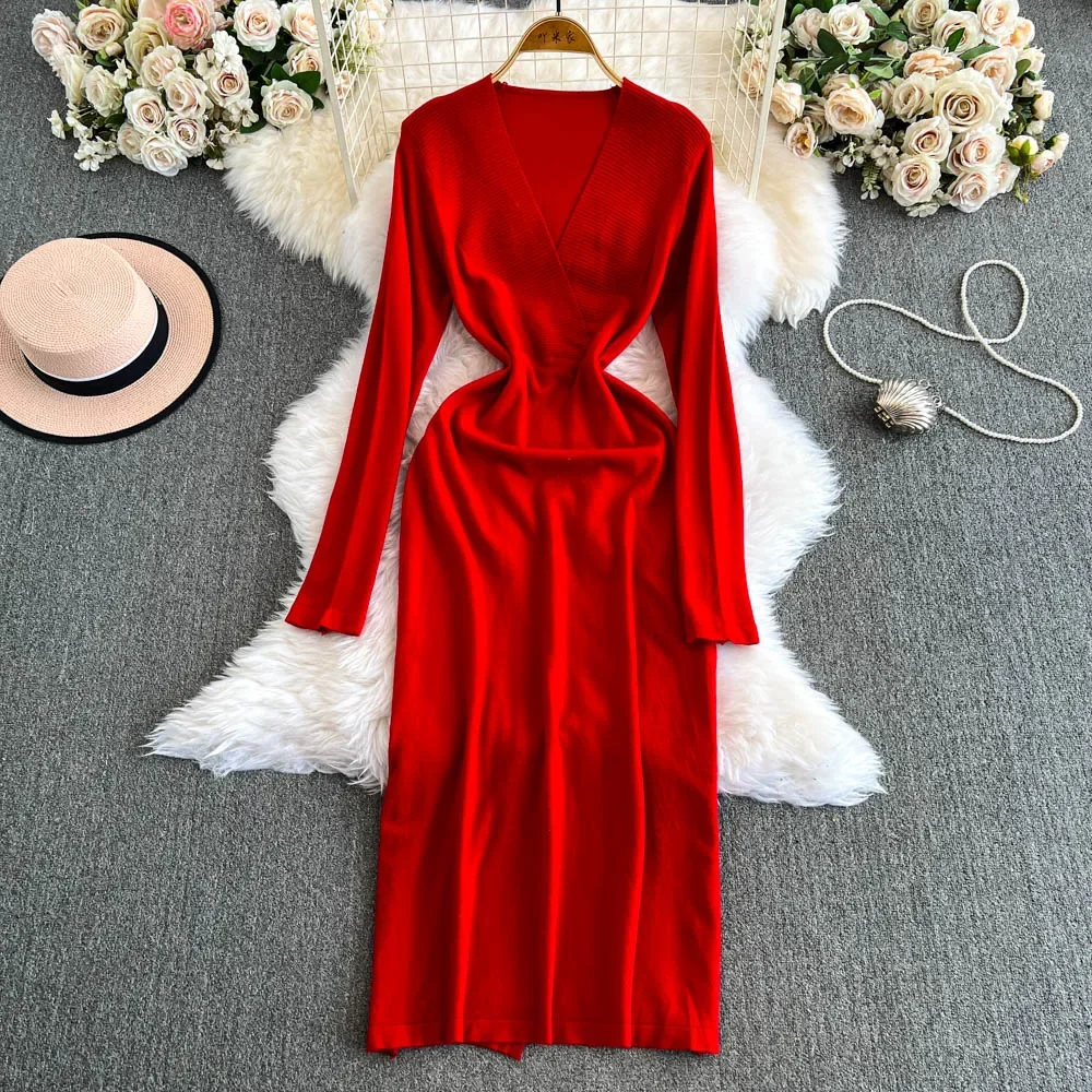 Chic V-neck Elegant Long Sleeve Slim Chic Dress High Street Women Vintage Korean Fashion Evening Party Autumn Winter Clothing