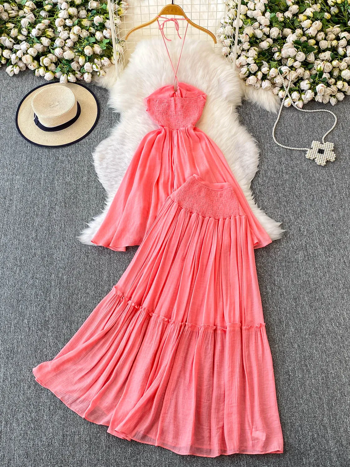 

Сексуальный розовый топ средней длины с разрезом V-образным вырезом и юбка с высокой талией, комплект Beach Vaion Sle Gentlewoman's Faion Ensemble