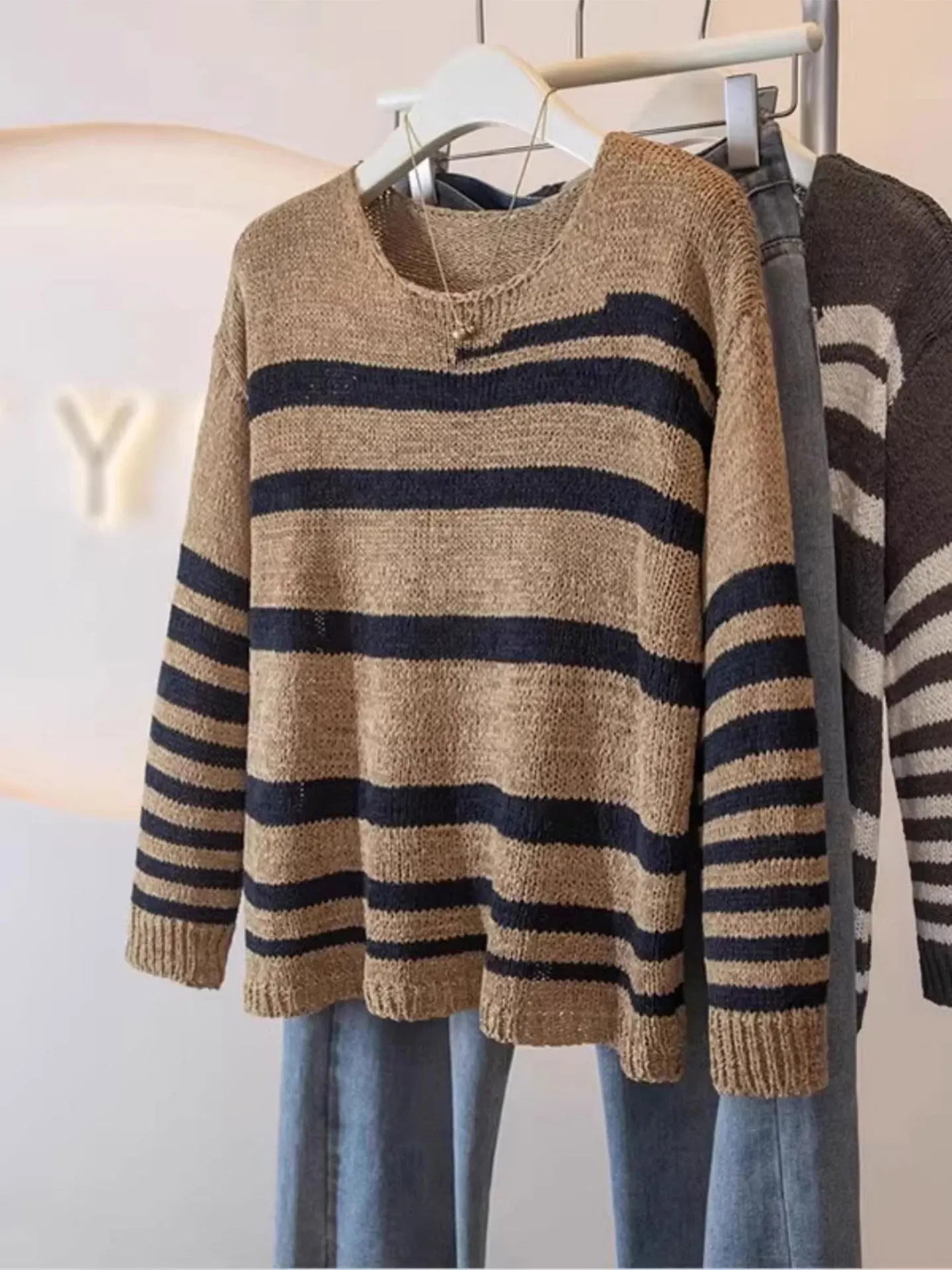 

Slimming Striped Long Sve Knitted Base irt Women's Sweater Spring 2026 plus Size Conceal Belly Korean Sle Top