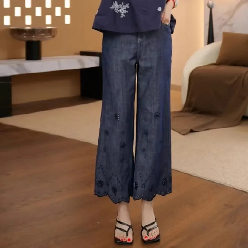 

New Chinese Style Floral Hollow Embroidery Nine-point Jeans for Women Summer 205 High Waist Slimming Wide-leg Pants