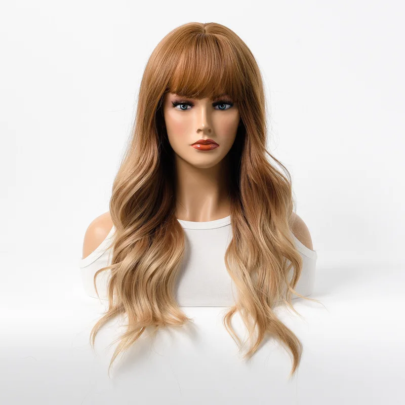 

New European and American wigs female gradual change gray Qi bangs long curly hair high temperature silk full head cover
