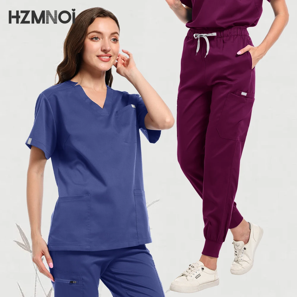 Hzmnoi multicolorido unissex workwear manga curta bolso superior + calças retas hospital médico enfermeira uniformes cirurgia dentária esfrega conjunto