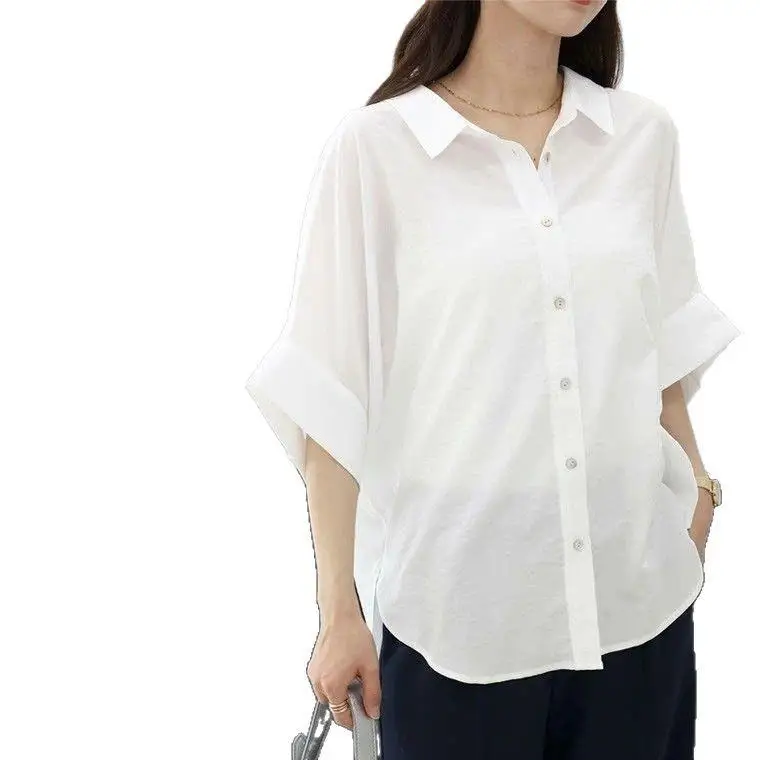 

Batwing Sve Button Front irt Women's Thin Five Sve Pure Color Neutral Sle Cross-Border Japan And Korea Sle irt
