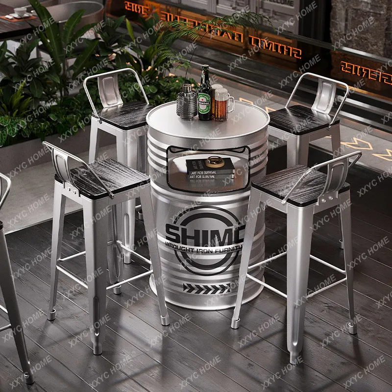 XXIndustrial wind oil drum bar loose table wrought iron card seat table and chair creative high table and chair combination
