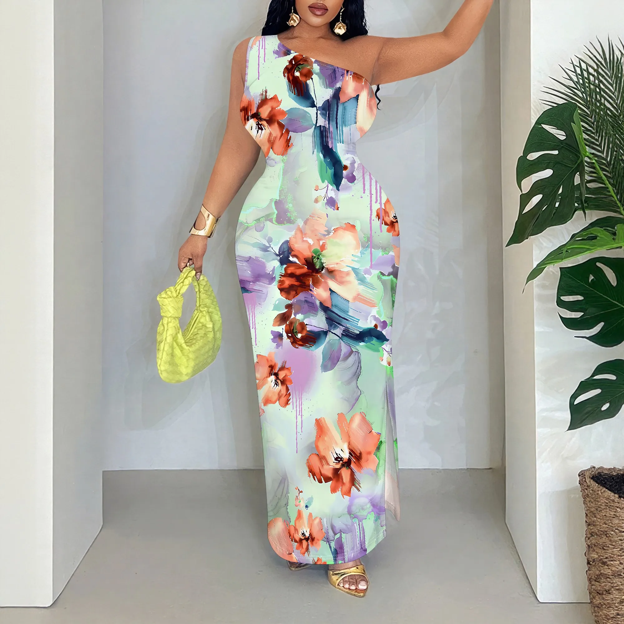 

Floral Maxi Dress, Sleeveless Off Shoulder, Asymmetrical Neckline, Elegant Summer Wear, S-2XL